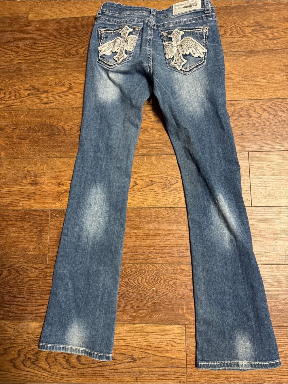 Grace Women's Distressed Blue Bootcut Jeans with Embroidered Pockets